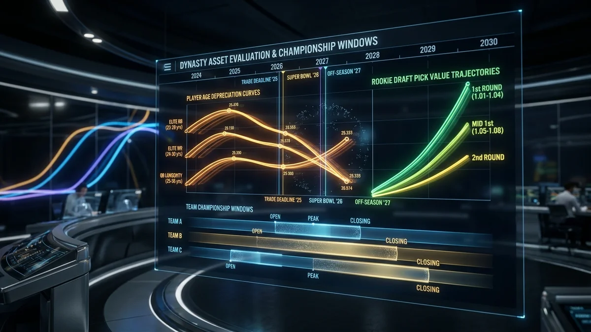 Dynasty team analytics showing multi-year asset curves and championship window trajectories